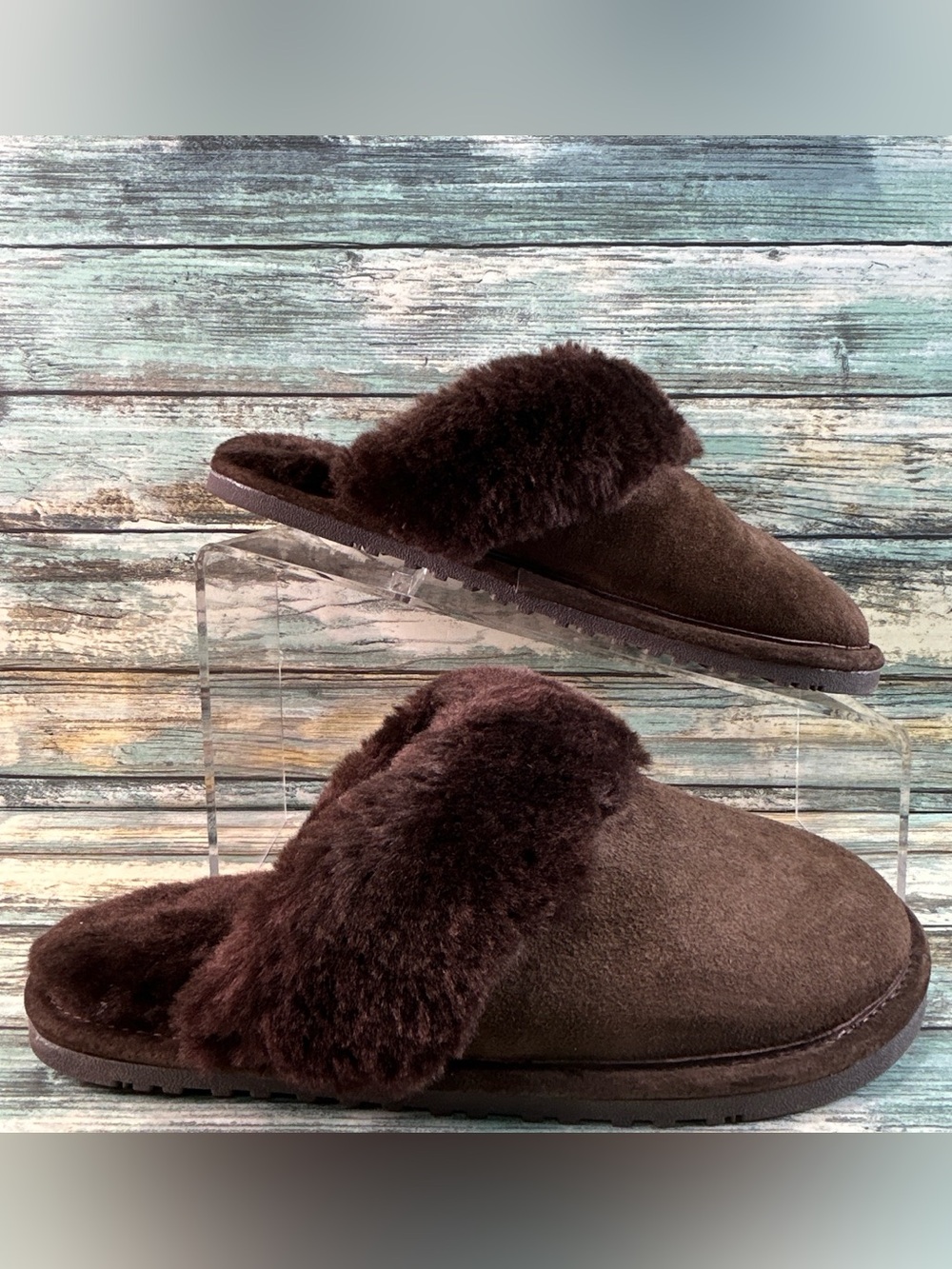 LAMO SIip On Mule Slippers Womens Small Brown Suede Faux Fur Lining House Shoes